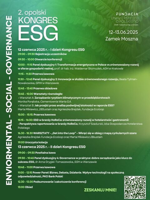 Ilustracja zawierająca program wydarzenia 2. opolskiego Kongresu ESG, w którym wezmą udział Doradcy Energetyczni z Wojewódzkiego Funduszu Ochrony Środowiska i Gospodarki Wodnej w Opolu.