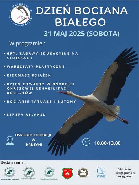 Grafika przedstawia białego bociana w locie oraz informacje o planowanym pikniku z okazji Dnia Bociana Białego.