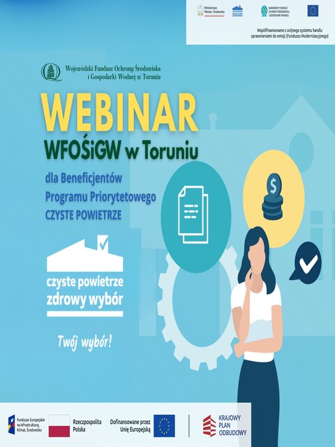 Grafika przedstawia postać kobiety zastanawiającej się czy nie skorzystać z webinarium przygotowanego przez WFOŚiGW w Toruniu dla Beneficjentów programu Czyste Powietrze.