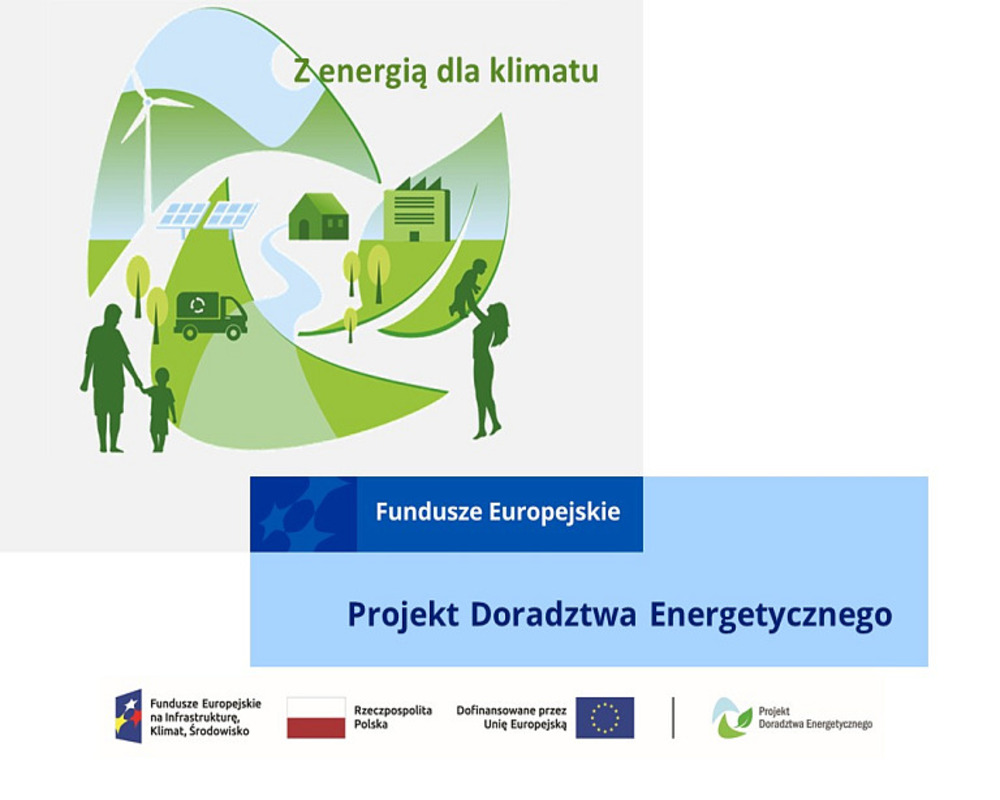 Ilustracja przedstawia rodzinę z dwójką dzieci. Drogę, dom, zakład pracy,, Hasło: Z energią dla klimatu. Fundusze Europejskie. Projekt Doradztwa Energetycznego.