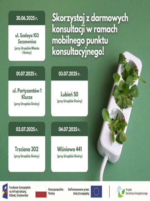 Grafika przedstawia biały przedłużacz z zielonymi roślinami. Obok jest zamieszczona informacja o możliwości skorzystania z darmowych konsultacji w ramach mobilnego punktu konsultacyjnego w 5 lokalizacjach w województwie małopolskim.