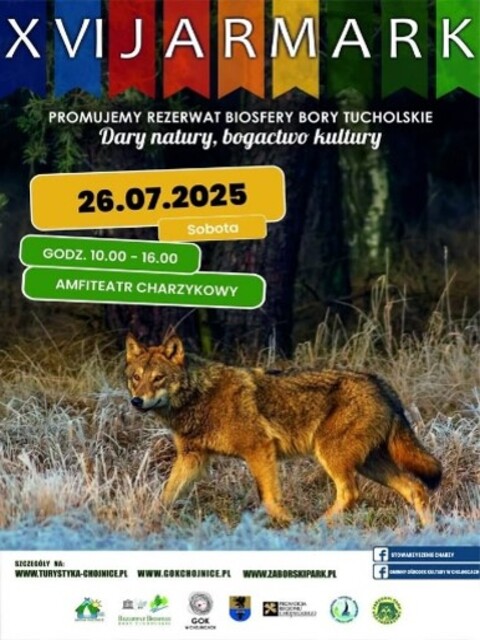 Grafika przedstawia wilka na skraju lasu oraz informacje zapowiadające o XVI Jarmarku Ekoturystycznym, który odbędzie się 26 lipca 2025 r. w Amfiteatrze w Charzykowie