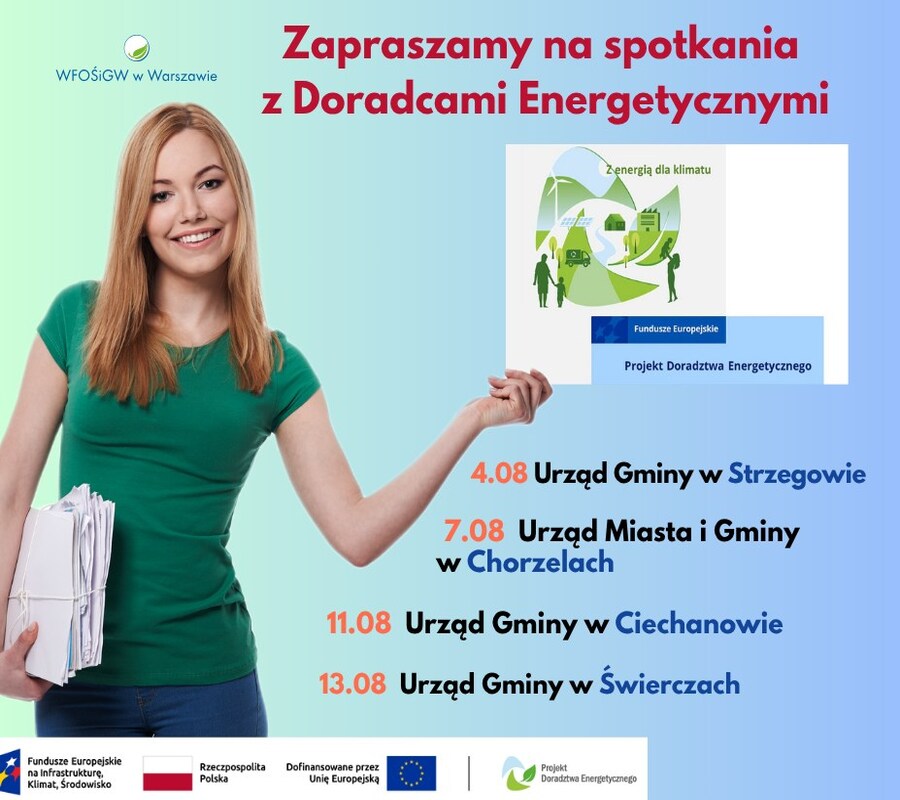 Grafika przedstawia atrakcyjną i młodą kobietę zapraszającą na spotkania z Doradcami Energetycznymi z WFOŚiGW w Warszawie.