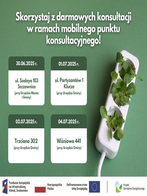 Grafika przedstawia biały przedłużacz z zielonymi roślinami. Obok jest zamieszczona informacja o możliwości skorzystania z darmowych konsultacji w ramach mobilnego punktu konsultacyjnego w 5 lokalizacjach w województwie małopolskim.