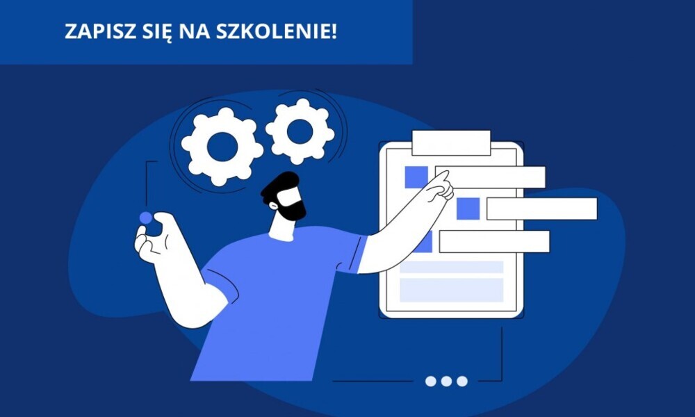 Grafika przedstawia ludzika wskazującego na wykres, zapraszając do zapisania się na szkolenie dotyczące Mojego Prądu
