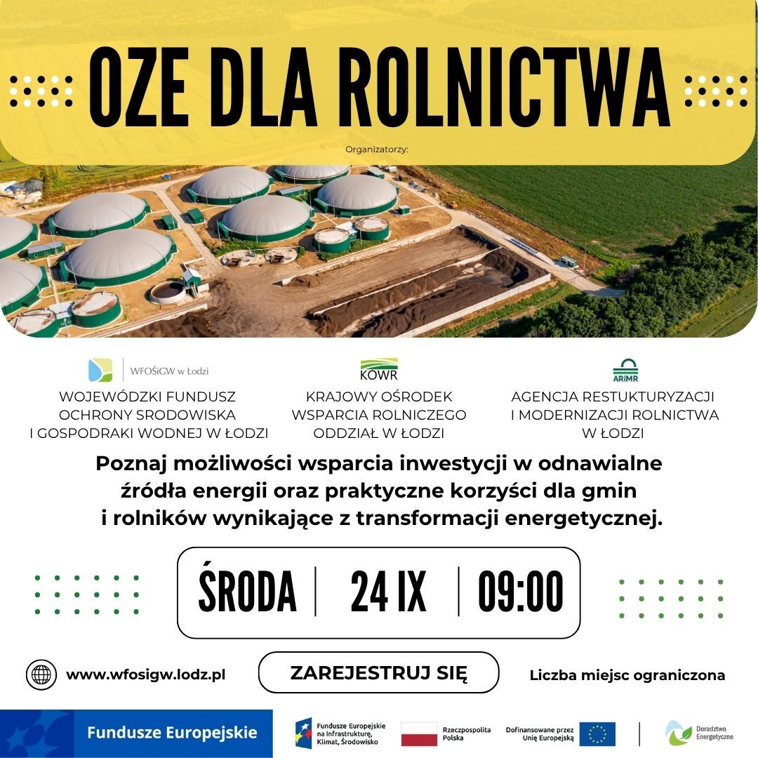 Grafika zachęca do wzięcia udziału w konferencji OZE dla Rolnictwa, która odbędzie się 24 września od godziny 9:00