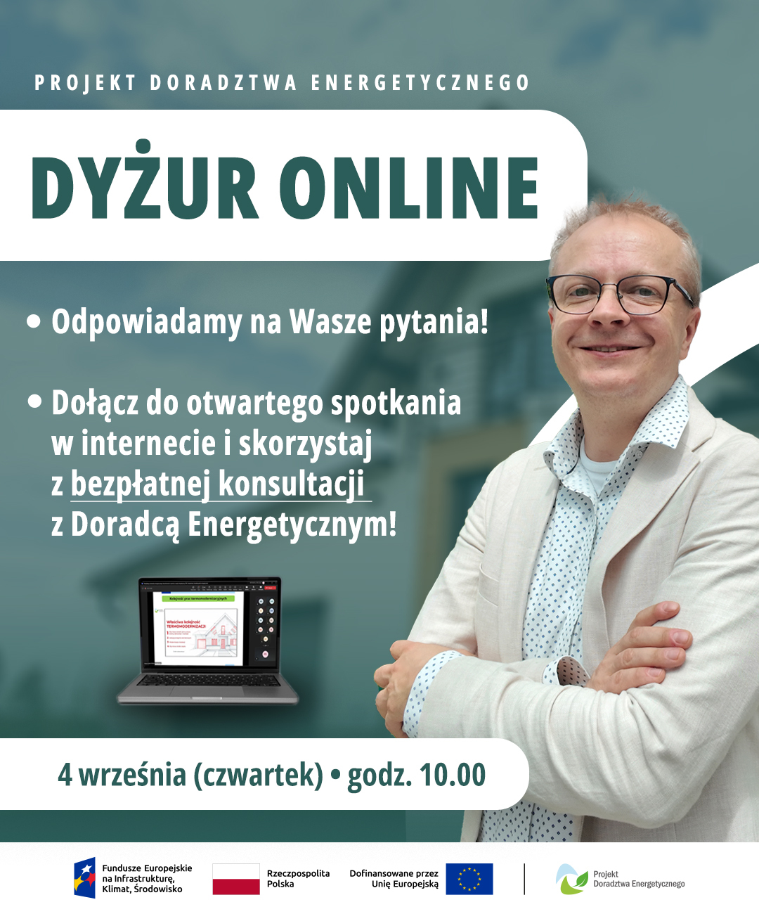 Grafika przedstawia Doradcę Energetycznego (mężczyzna) oraz informację o cyklu spotkań online oraz możliwości skorzystania z bezpłatnej konsultacji z Doradcą Energetycznym. Spotkanie w internecie odbędzie się 4 września od godziny 10:00