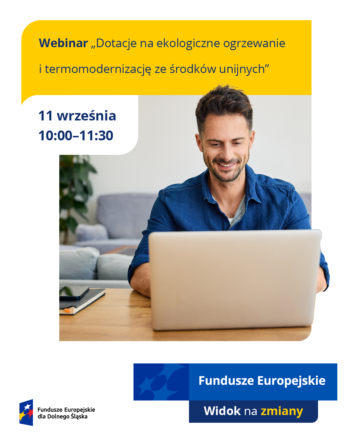 Grafika przedstawia postać mężczyzny (Doradcę Energetycznego) oraz informację o webinarium 