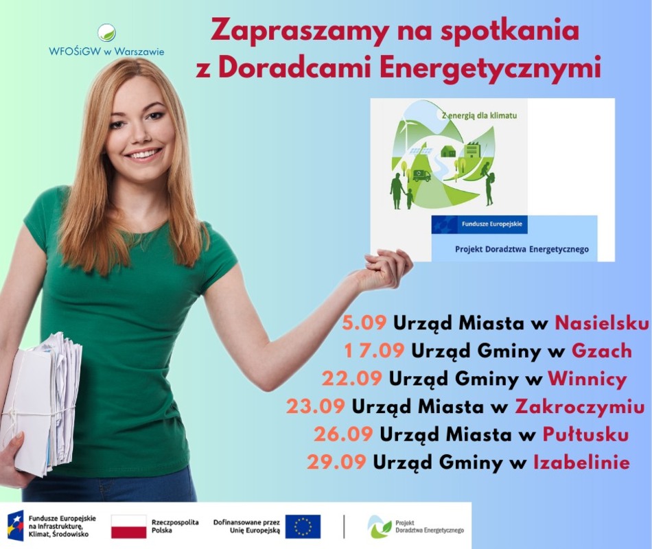 Grafika przedstawia atrakcyjną i młodą kobietę zapraszającą na spotkania z Doradcami Energetycznymi z WFOŚiGW w Warszawie.