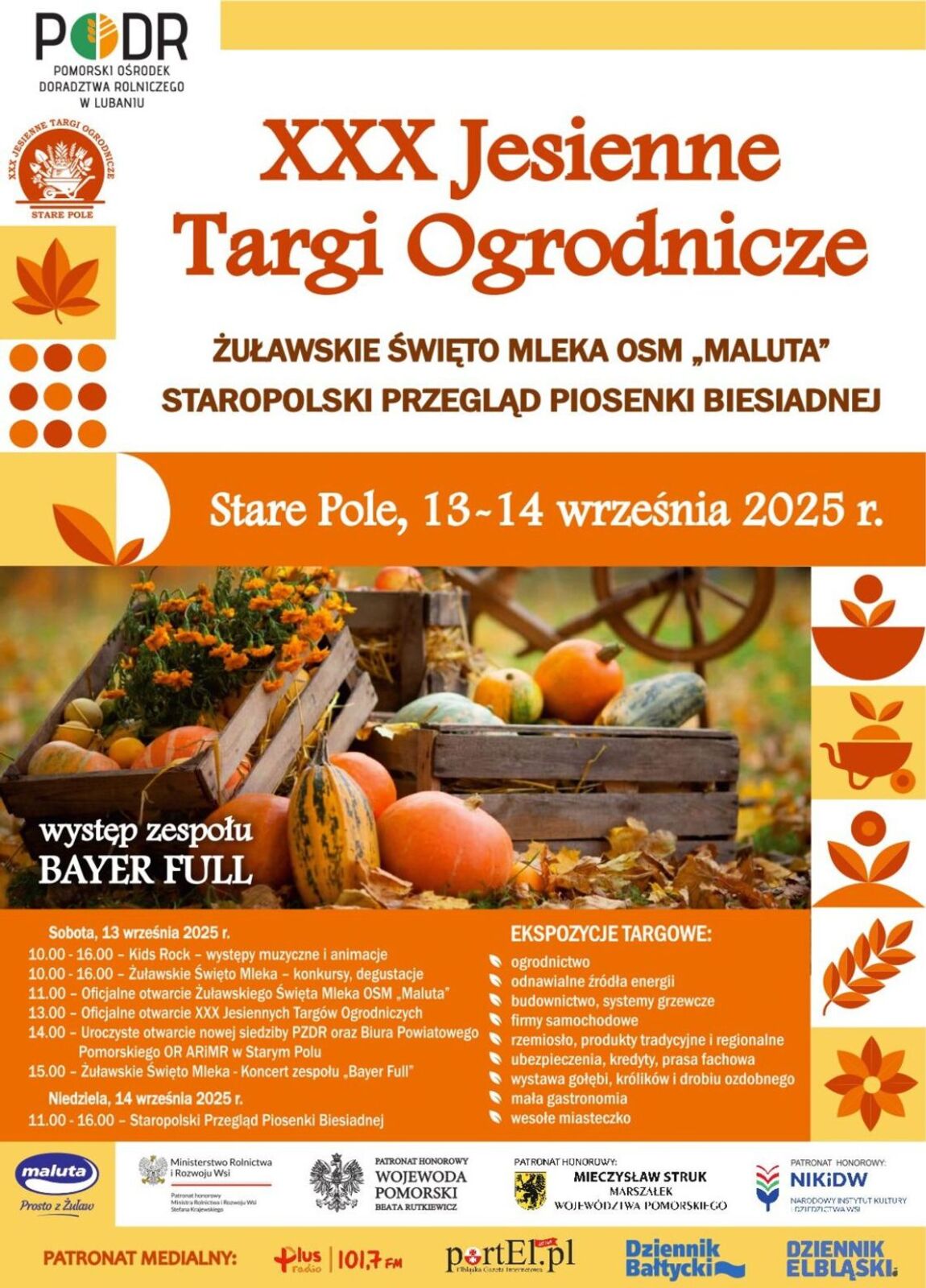 Grafika przedstawia skrzynki wypełnione dyniami oraz informację o XXX Jesiennych Targach Ogrodniczych plus agendę wydarzenia