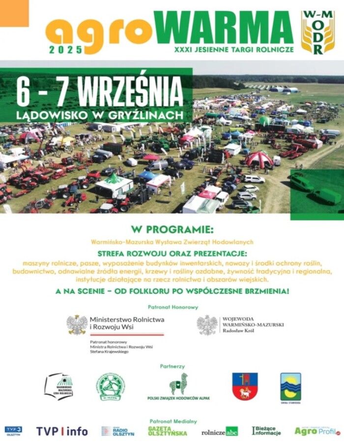 Grafika przedstawia lądowisko w Gryźlinach oraz program XXXI Jesiennych Targów Rolniczych