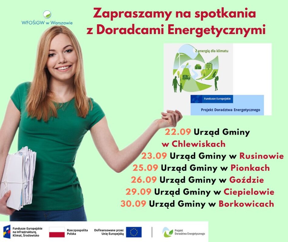 Grafika przedstawia atrakcyjną i młodą kobietę zapraszającą na spotkania z Doradcami Energetycznymi z WFOŚiGW w Warszawie.