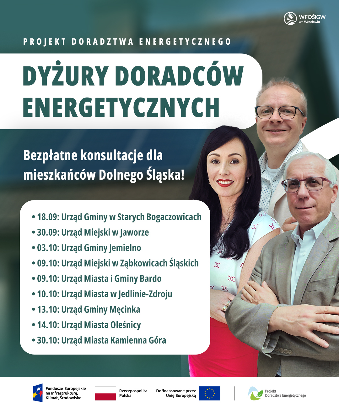 Grafika przedstawia trzech Doradców Energetycznych (Jedna kobieta oraz dwóch mężczyzn) z informacją o dyżurach Doradców Energetycznych w wybranych gminach Dolnego Śląska