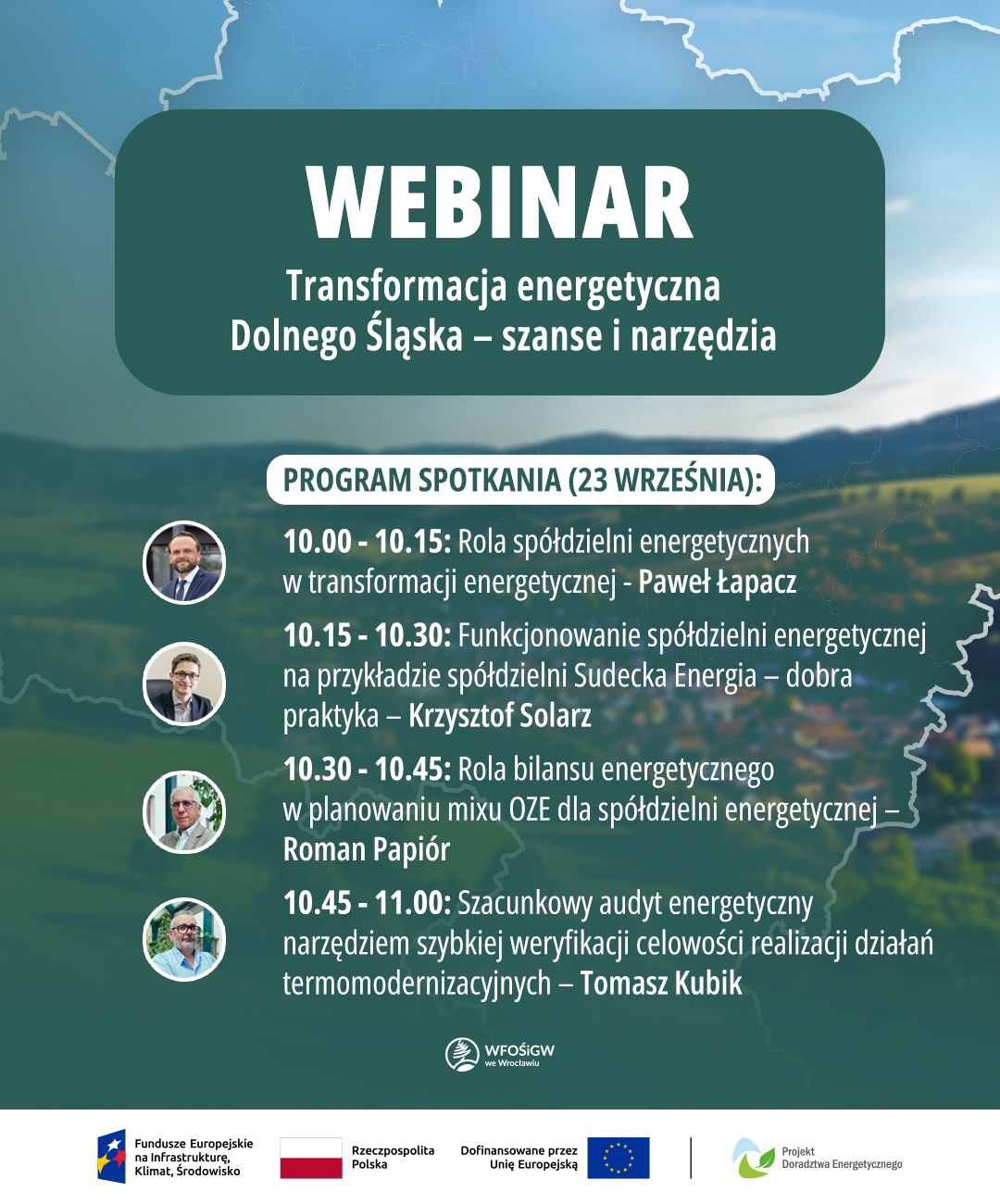 Grafika przedstawia agendę webinarium Transformacja energetyczna Dolnego Śląska - szanse i narzędzia., kt&oacute;re odbędzie się 23 września o godzinie 10:00