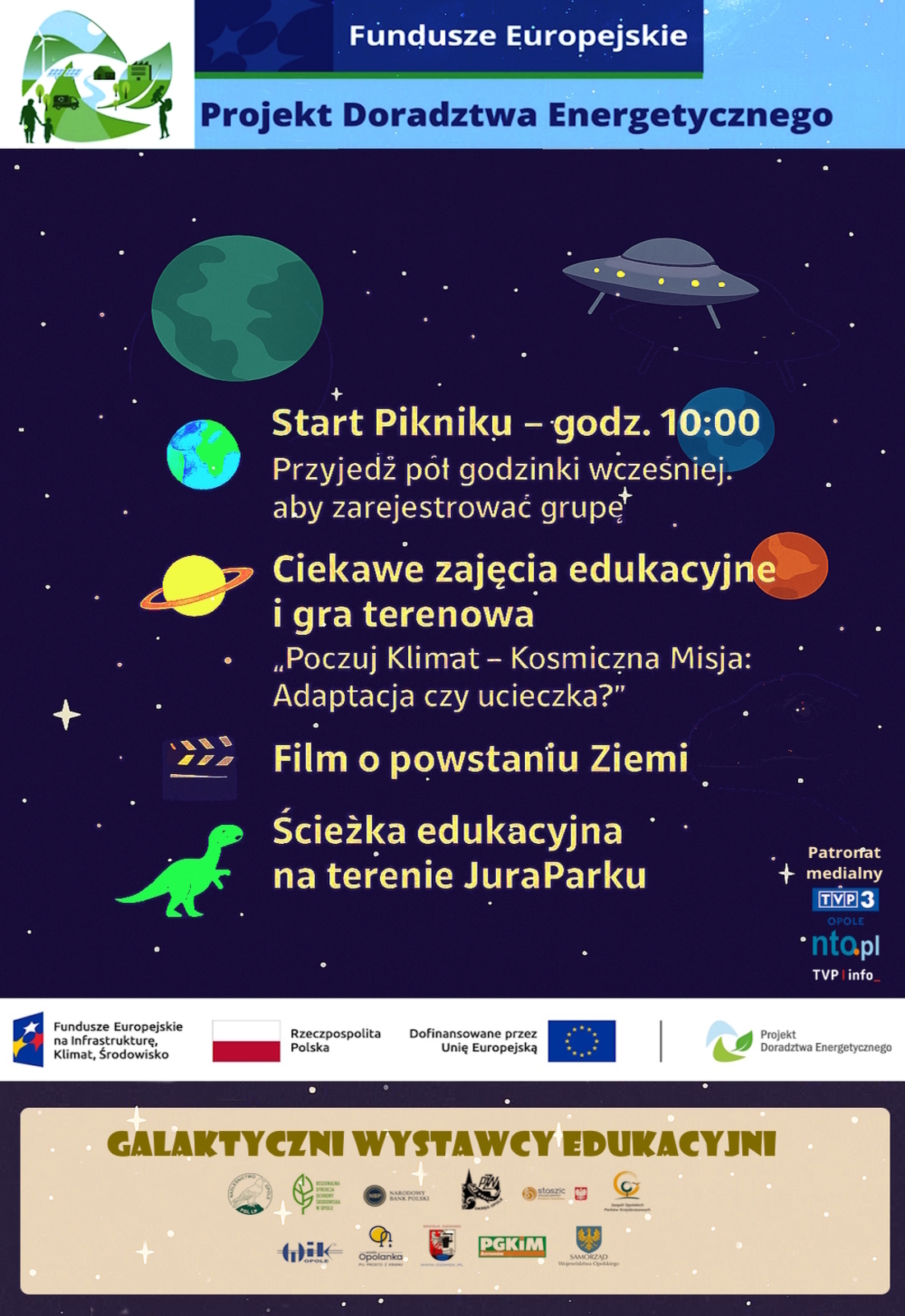 Grafika przedstawia informacje o Pikniku 'Poczuj Klimat - Kosmisczna Misja', w której biorą udział Doradcy Energetyczni z WFOŚiGW w opolu. Piknik odbędzie się 22 września w JuraParku w Krasiejowie