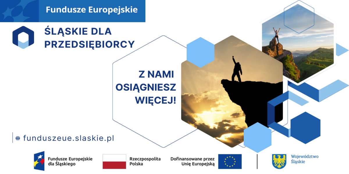 Grafika przedstawia dwie miniaturki pokazujące uniesione dłonie w geście zwycięstwa w górach. Śląskie dla przedsiębiorcy!