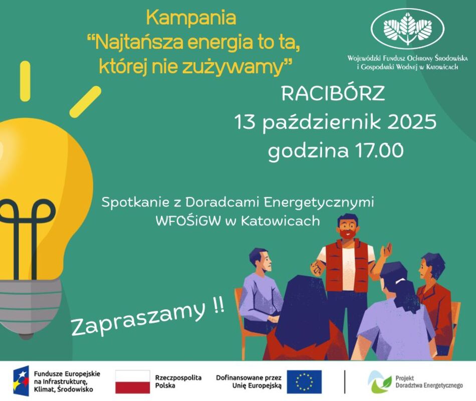 Grafika przedstawia spotkanie 5 osób. Zaprasza również na spotkanie z Doradcami Energetycznymi WFOŚiGW w Katowicach