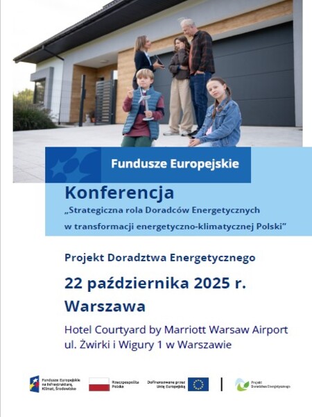 Grafika przedstawia rodzinę czteroosobową na tle domu jednorodzinnego. Grafika informuje o konferencji 