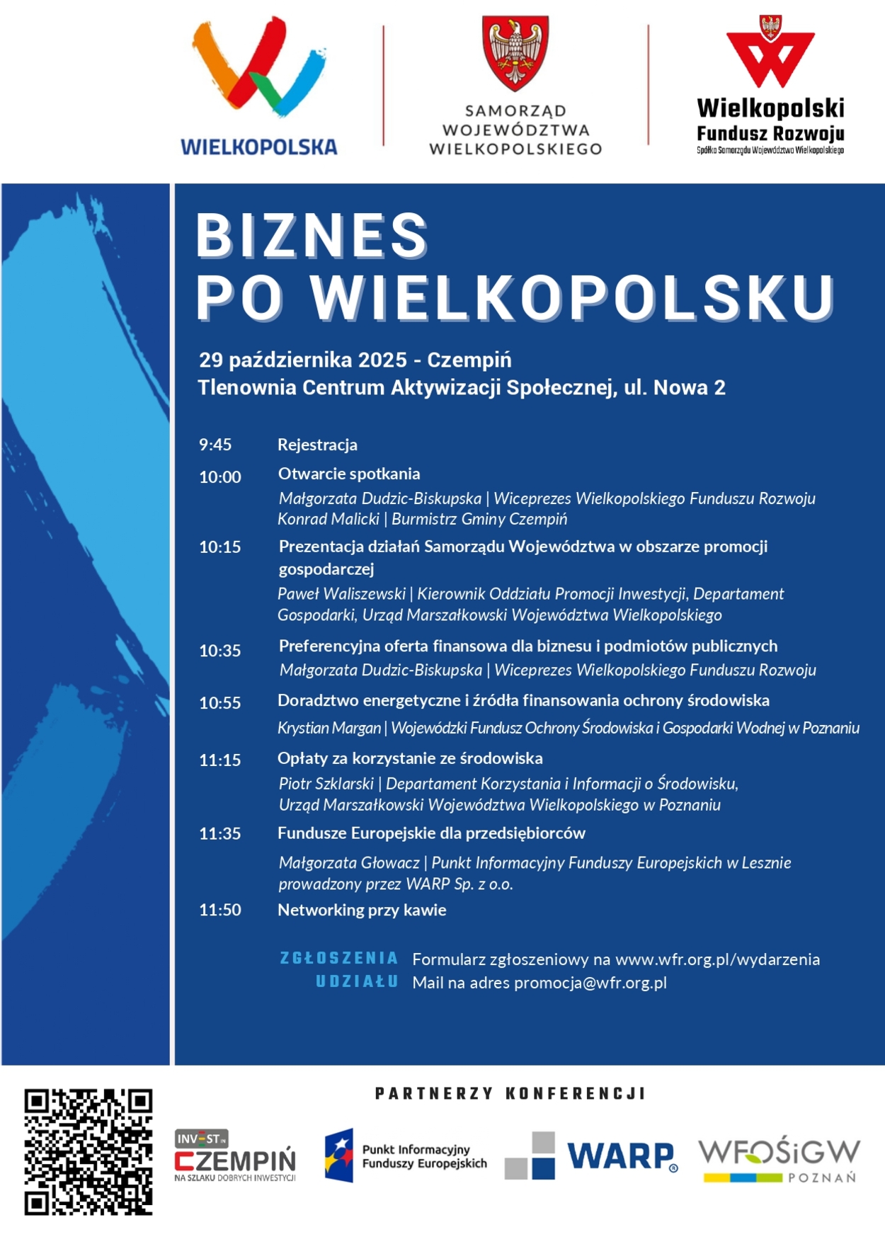 Grafika przedstawia agendę spotkania Biznes po Wielkopolsku, które odbędzie się 29 października w Czempini