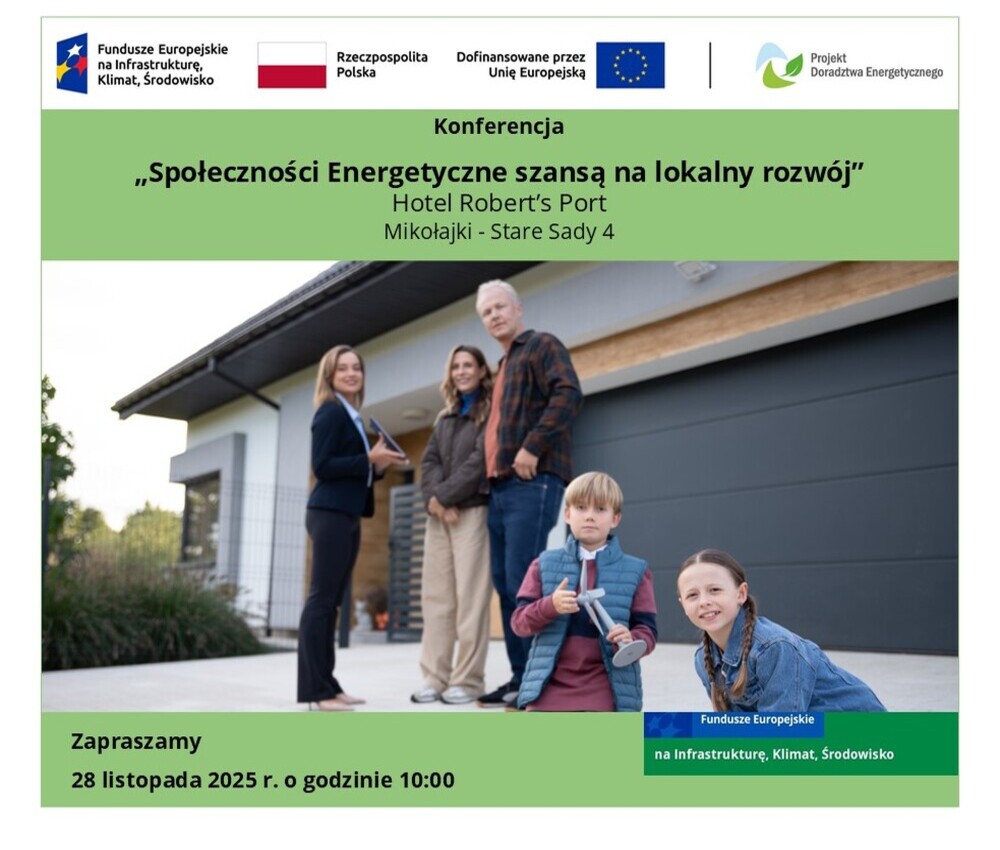 Grafika przedstawia rodzinę (mama, tata, dzieci) przed domem jednorodzinnym w rozmowie z Doradcą Energetycznym. Grafika zaprasza na konferencję 
