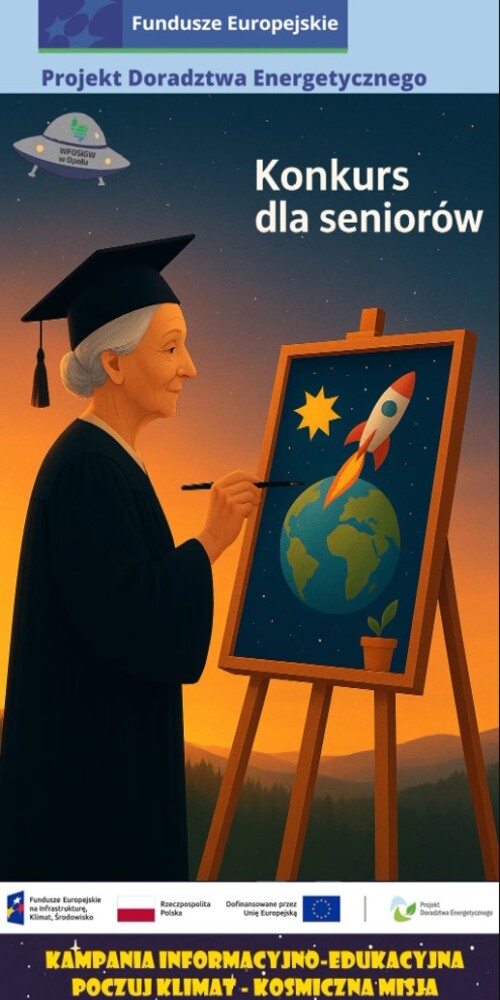 Grafika przedstawia Panią (seniorkę) malującą kosmiczny obraz. Grafika jest również zaproszeniem do wzięcia udziału w konkursie dla seniorów - kampania informacyjno-edukacyjna 