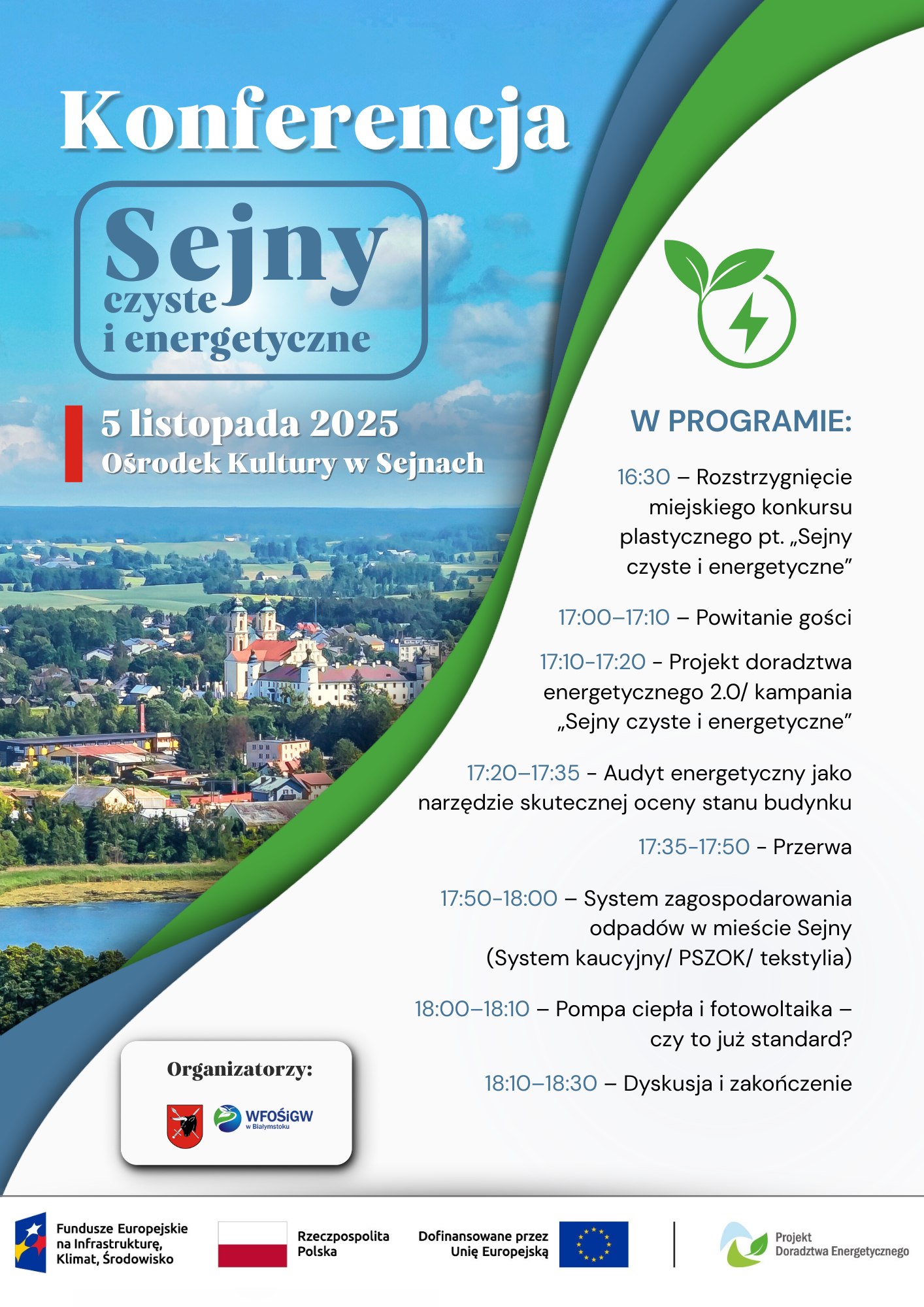 Grafika przedstawia panoramę miasta Sejny. Informuje również o konferencji 