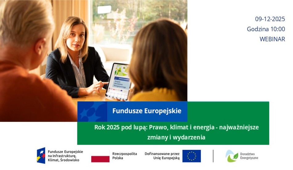 Grafika przedstawia Doradcę Energetycznego oraz rodzinę. Jednocześnie grafika jest zaproszeniem na webinar 