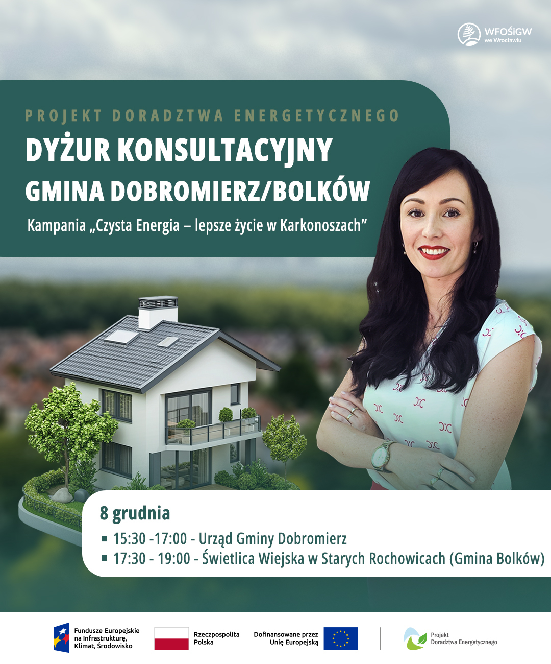 Grafika przedstawia Doradcę Energetycznego Panią Marlenę Kedzior. Jest również zaproszeniem na dyżur konsultacyjne w Gminach Dobromierz i Bolków, który odbędzie się 8 grudnia 2025 r. w godzinach 15:30 - 17:00 oraz 17:30 - 19:00