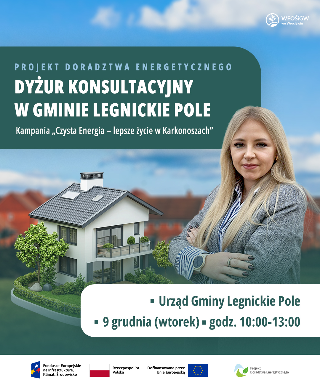 Grafika przedstawia Doradcę Energetycznego Panią Alicję Czarkowska. Jest również zaproszeniem na dyżur konsultacyjny w Gminie Legnickie Pole, który odbędzie się 9 grudnia 2025 r. w godzinach 10:00 - 13:00