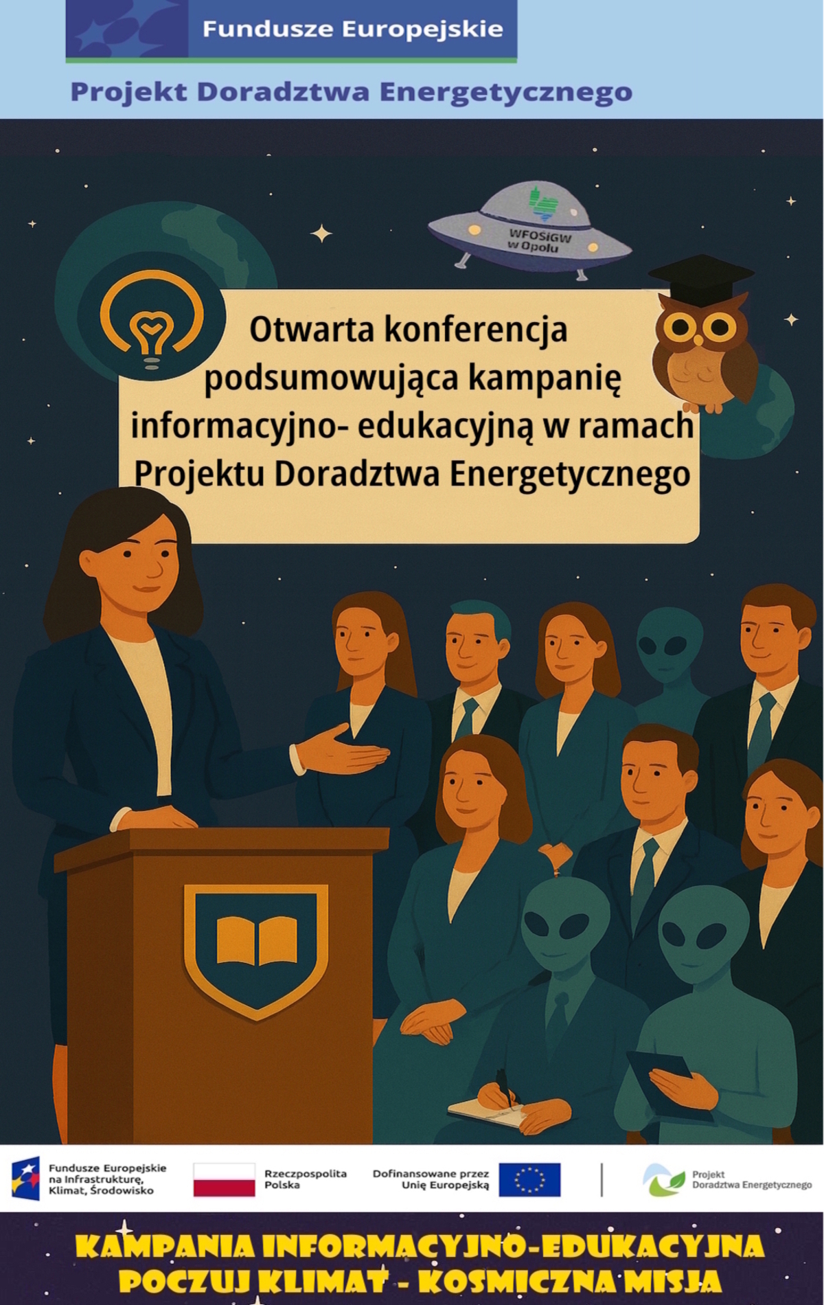 Grafika jest zaproszeniem na otwartą konferencję podsumowującą kampanię informacyjno-edukacyjną w ramach Projektu Doradztwa Energetycznego. Konferencja odbędzie się 18.12.2025 w Parku Naukowo-Technologicznym w Opolu, ul. Technologiczna 2 w godzinach 9:00 - 14:00