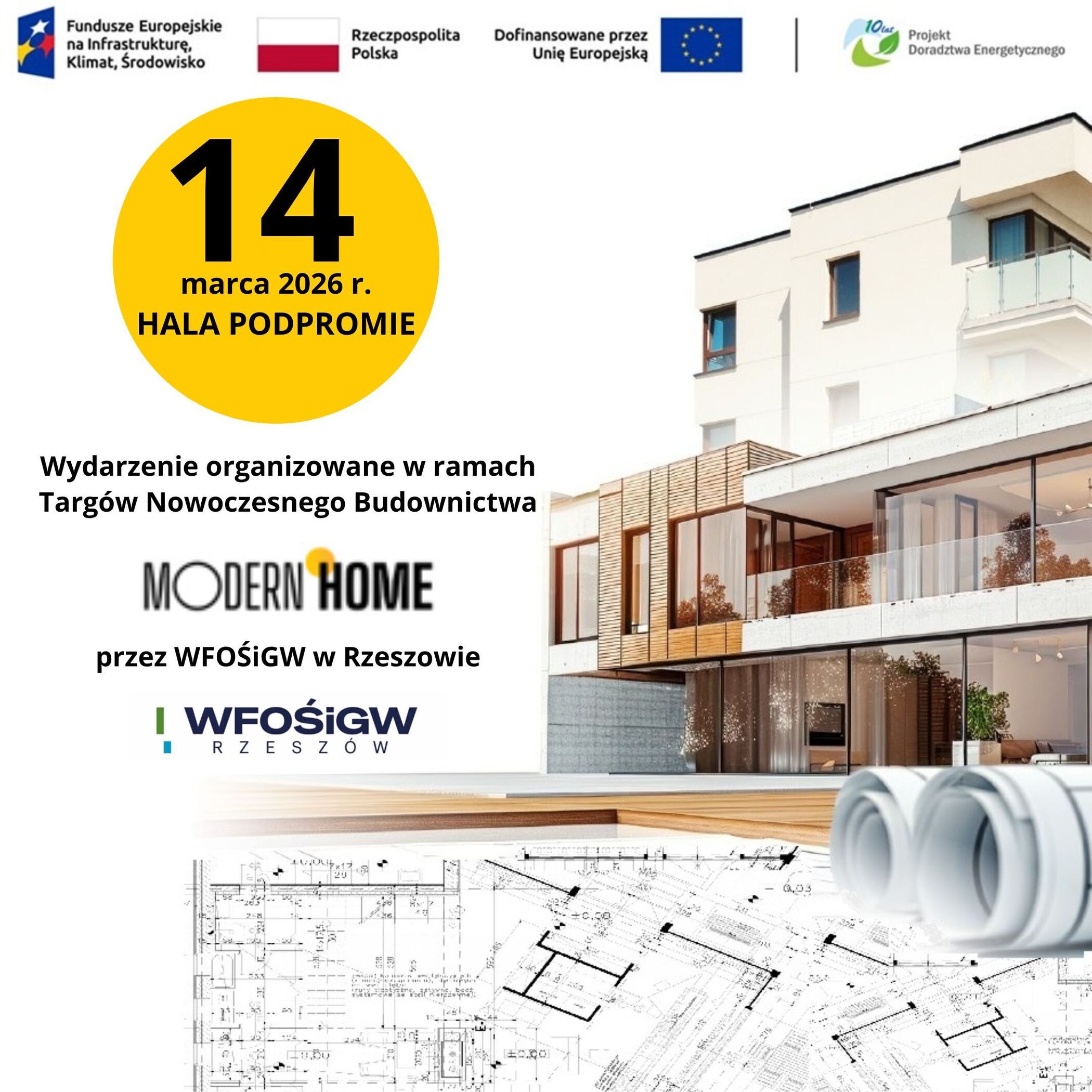 Grafika przedstawia budynek wielomieszkaniowy oraz rysunki techniczne budynk&oacute;w wielomieszkaniowych. Grafika jest zaproszeniem na konferencję w ramach Targ&oacute;w Nowoczesnego Budownictwa MODERN HOME