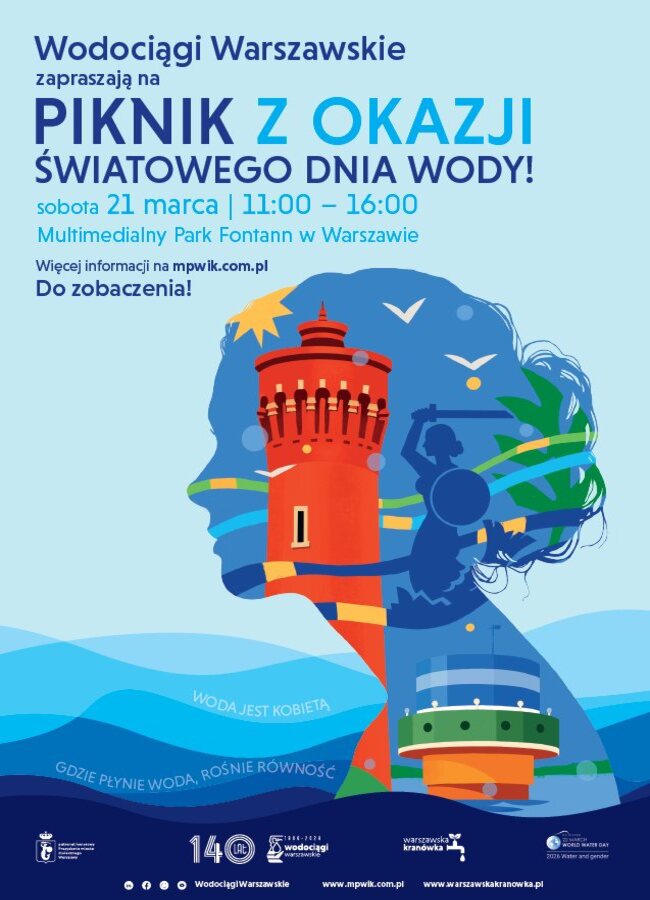 Grafika przedstawia głowę kobiety, wkomponowaną Syrenkę Warszawską oraz 2 wieże Wodociągów Warszawskich. Grafika jest zaproszeniem na Piknik z okazji Światowego Dnia Wody, który odbędzie się 21 marca w Multimedialnym Parku Fontann w godzinach 11:00 - 16:00.