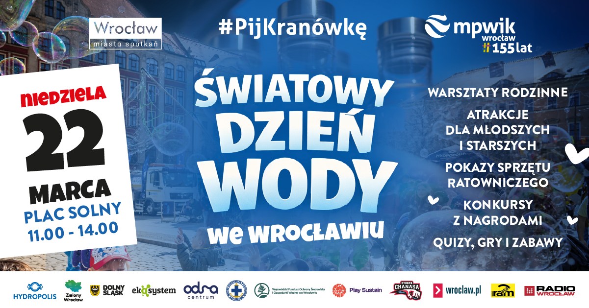 Grafika jest zaproszeniem na Światowy Dzień Wody, który odbędzie się 22 marca na placu Solnym we Wrocławiu w godzinach 11:00 - 14:00