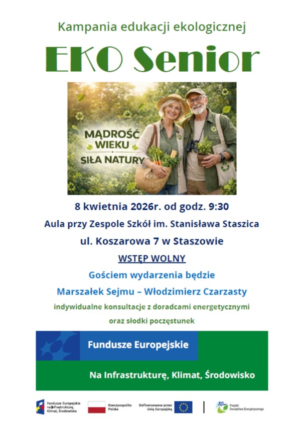 Grafika przedstawia parę Seniorów. Jest również zaproszeniem do wzięcia udziału w inauguracji kampanii edukacji ekologicznej EKO Senior, która odbędzie się w okresie 8 kwietnia 2026 w Staszowie o godzinie 9:30