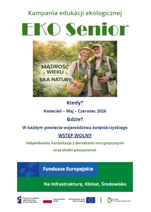 Grafika przedstawia parę Seniorów. Jest również zaproszeniem do wzięcia udziału w kampanii edukacji ekologicznej EKO Senior, która odbędzie się w okresie Kwiecień - Czerwiec 2026 w każdym powiecie województwa świętokrzyskiego