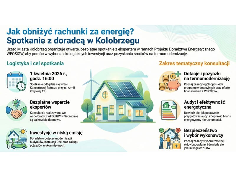 Grafika przedstawia elementy dom z elementami Odnawialnych Źródeł Energii. Jest również zaproszeniem na spotkanie z Doradcami Energetycznymi z Wojewódzki Fundusz Ochrony Środowiska i Gospodarki Wodnej w Szczecinie, które odbędzie się 1 kwietnia w Sali Koncertowej budynku Ratusza przy ul. Armii Krajowej12 w Kołobrzegu