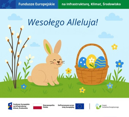Grafika przedstawia łąkę pełna kwiatów. Siedzi króliczek. Obok stoi koszyczek z pisankami. Życzenia Wesołego Alleluja