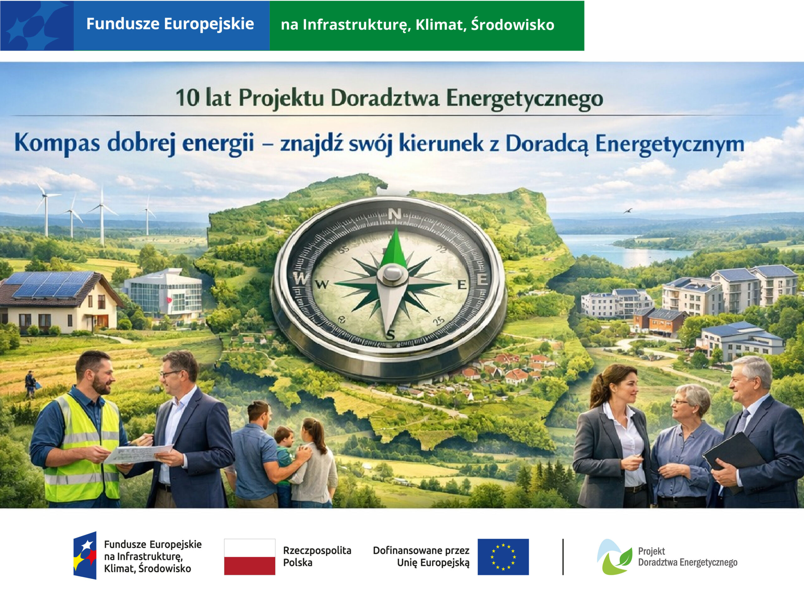 Grafika przedstawiająca mapę Polski, kompas wskazujący północ, krajobraz Polski i Doradców Energetycznych udzielających konsultacji