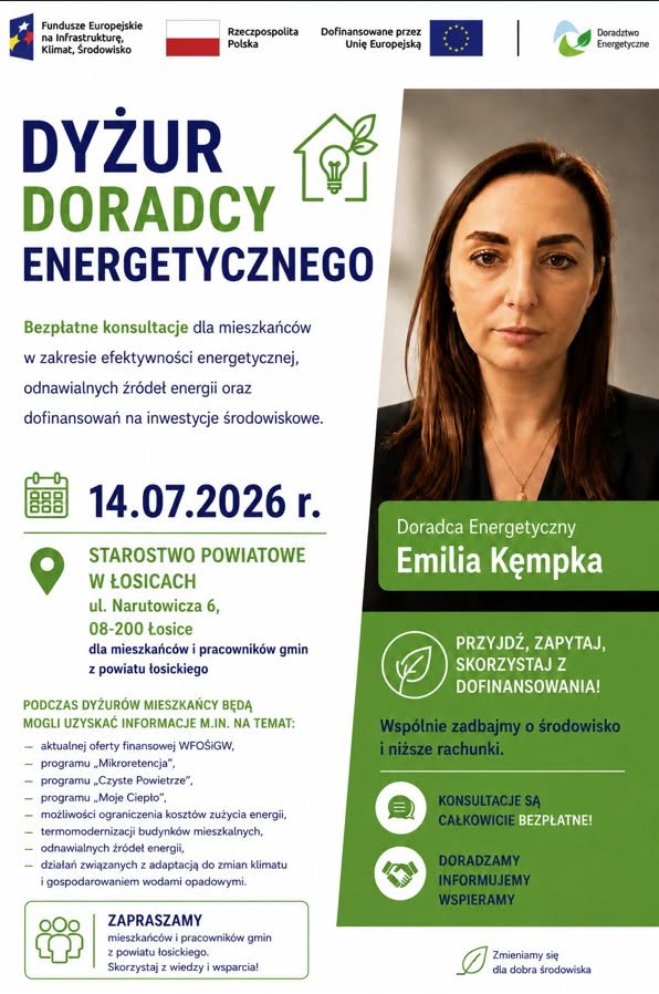 Grafika przedstawia Doradcę Energetycznego z Wojewódzkiego Funduszu Ochrony Środowiska i Gospodarki Wodnej w Warszawie, który zaprasza na dyżur Doradcy Energetycznego w Starostwie Powiatowym w Grójcu 14 lipca