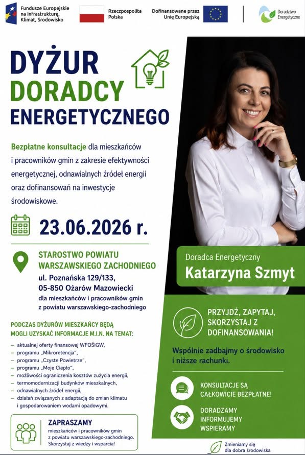 Grafika przedstawia Doradcę Energetycznego z Wojewódzkiego Funduszu Ochrony Środowiska i Gospodarki Wodnej w Warszawie, który zaprasza na dyżur Doradcy Energetycznego w Starostwie Powiatowym w Grójcu 23 czerwca