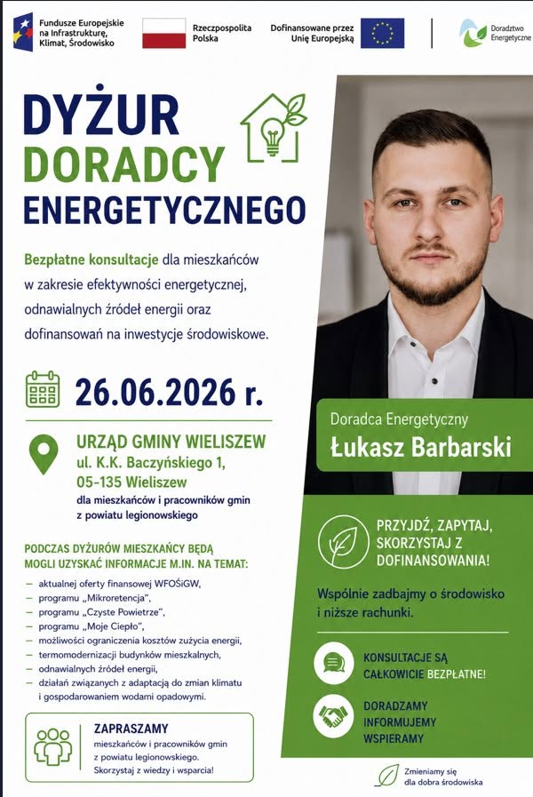 Grafika przedstawia Doradcę Energetycznego z Wojewódzkiego Funduszu Ochrony Środowiska i Gospodarki Wodnej w Warszawie, który zaprasza na dyżur Doradcy Energetycznego w Starostwie Powiatowym w Grójcu 26 czerwca