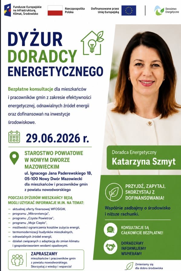 Grafika przedstawia Doradcę Energetycznego z Wojewódzkiego Funduszu Ochrony Środowiska i Gospodarki Wodnej w Warszawie, który zaprasza na dyżur Doradcy Energetycznego w Starostwie Powiatowym w Grójcu 29 czerwca