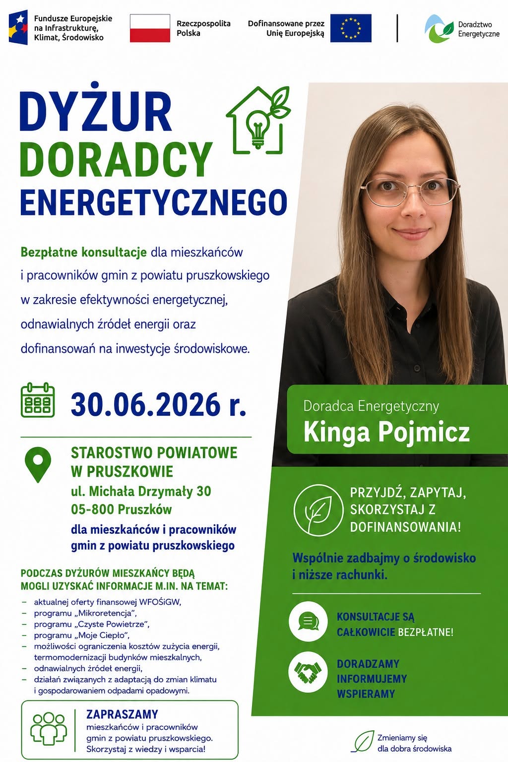 Grafika przedstawia Doradcę Energetycznego z Wojewódzkiego Funduszu Ochrony Środowiska i Gospodarki Wodnej w Warszawie, który zaprasza na dyżur Doradcy Energetycznego w Starostwie Powiatowym w Pruszkowie 30 czerwca