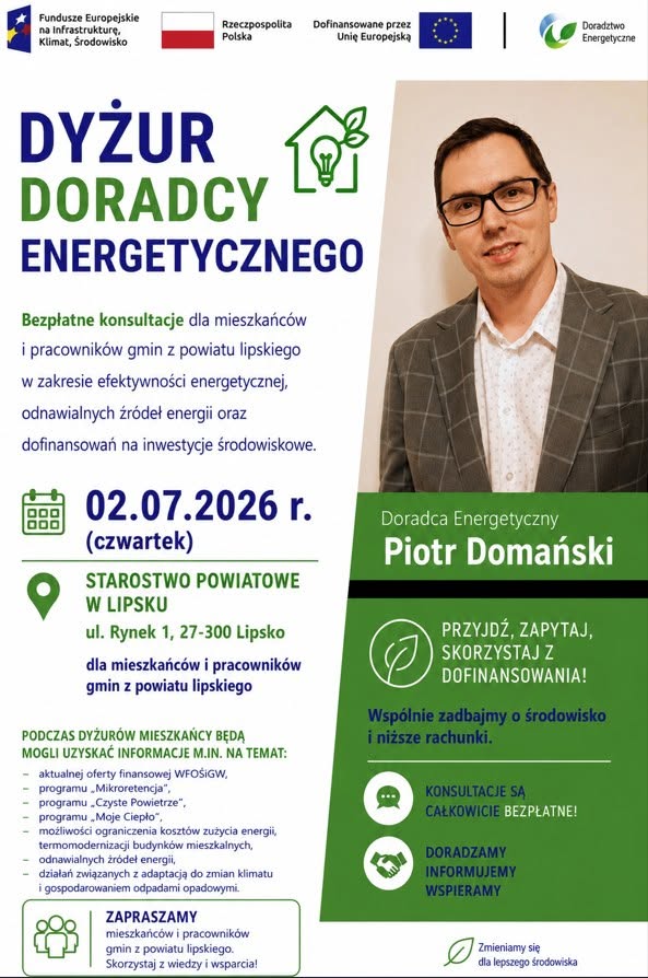 Grafika przedstawia Doradcę Energetycznego z Wojewódzkiego Funduszu Ochrony Środowiska i Gospodarki Wodnej w Warszawie, który zaprasza na dyżur Doradcy Energetycznego w Starostwie Powiatowym w Grójcu 2 lipca