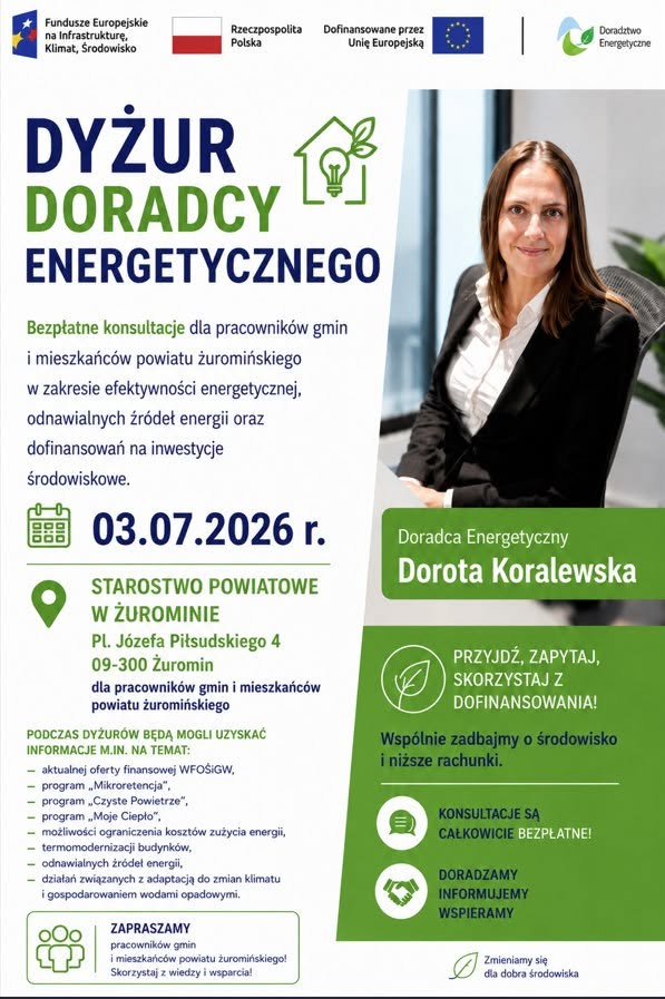 Grafika przedstawia Doradcę Energetycznego z Wojewódzkiego Funduszu Ochrony Środowiska i Gospodarki Wodnej w Warszawie, który zaprasza na dyżur Doradcy Energetycznego w Starostwie Powiatowym w Grójcu 3 lipca