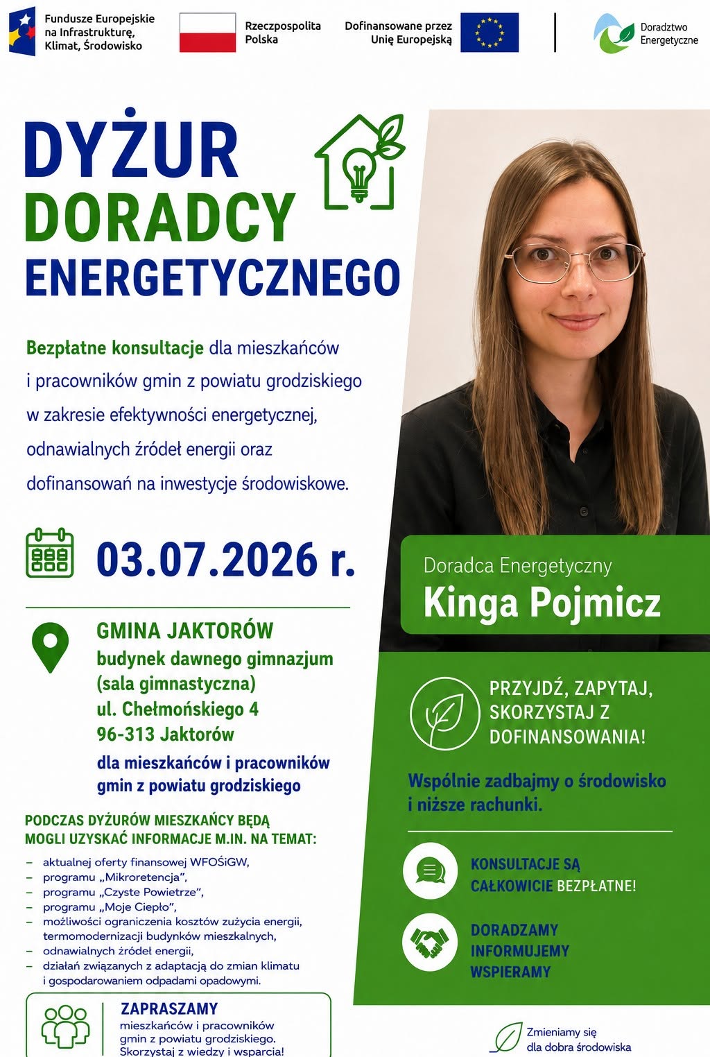 Grafika przedstawia Doradcę Energetycznego z Wojewódzkiego Funduszu Ochrony Środowiska i Gospodarki Wodnej w Warszawie, który zaprasza na dyżur Doradcy Energetycznego w Urzędzie Gminy Jaktorów 3 lipca