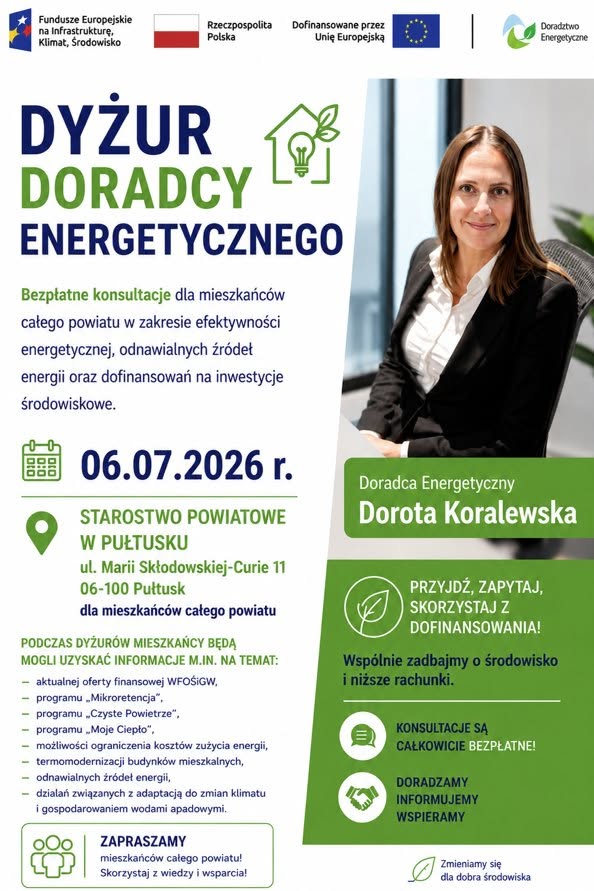 Grafika przedstawia Doradcę Energetycznego z Wojewódzkiego Funduszu Ochrony Środowiska i Gospodarki Wodnej w Warszawie, który zaprasza na dyżur Doradcy Energetycznego w Starostwie Powiatowym w Grójcu 6 lipca