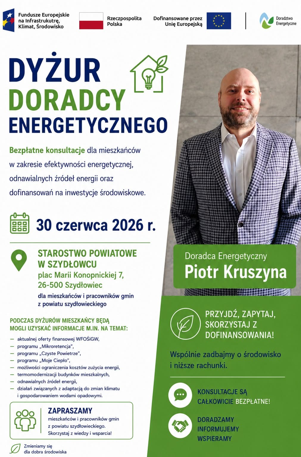 Grafika przedstawia Doradcę Energetycznego z Wojewódzkiego Funduszu Ochrony Środowiska i Gospodarki Wodnej w Warszawie, który zaprasza na dyżur Doradcy Energetycznego w Starostwie Powiatowym w Szydłowcu 30 czerwca