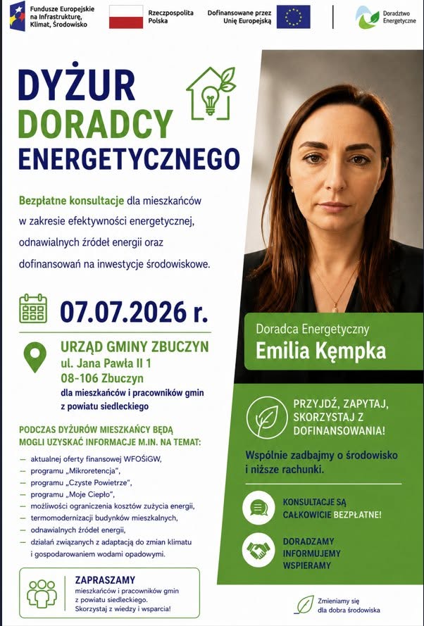 Grafika przedstawia Doradcę Energetycznego z Wojewódzkiego Funduszu Ochrony Środowiska i Gospodarki Wodnej w Warszawie, który zaprasza na dyżur Doradcy Energetycznego w Starostwie Powiatowym w Grójcu 7 lipca