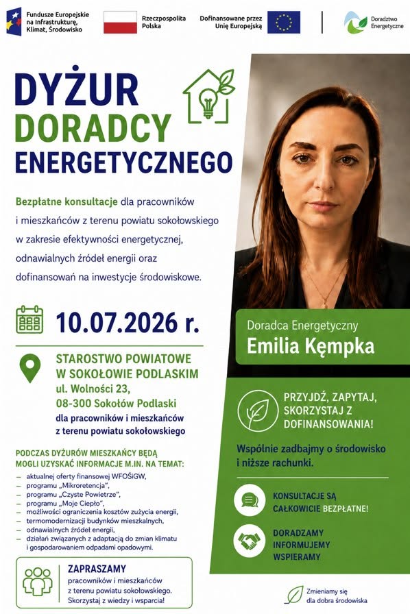 Grafika przedstawia Doradcę Energetycznego z Wojewódzkiego Funduszu Ochrony Środowiska i Gospodarki Wodnej w Warszawie, który zaprasza na dyżur Doradcy Energetycznego w Starostwie Powiatowym w Grójcu 10 lipca
